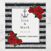 Nautical Anchor Silver Black Stripes Weddenschap Wijn Etiket (Enkel label)
