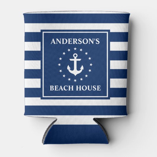 Nautical Anchor Stars Blue Striped Beach House Blikjeskoeler (Voorkant)