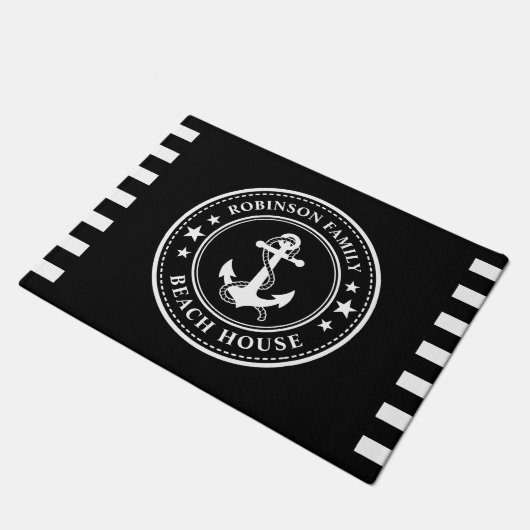 Nautical Anchor Stars Family Beach House Black Deurmat (Schuin)