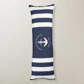 Nautical Anchor Striped Navy Blue and White Lichaamskussen (Achterkant (Verticaal))