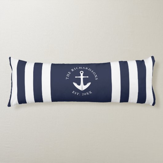 Nautical Anchor Striped Navy Blue and White Lichaamskussen (Voorkant)