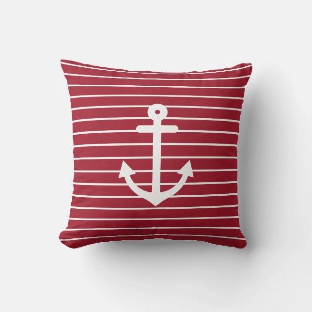Nautical Anchor Striped Red Kussen (Voorkant)