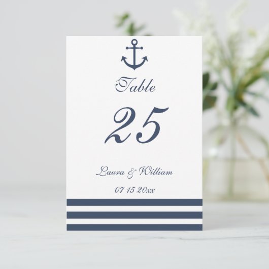 Nautical Anchor & Striped Wedtable Number Kaart (Staand voorkant)