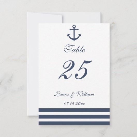 Nautical Anchor & Striped Wedtable Number Kaart (Achterkant)
