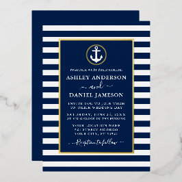Nautical Anchor Stripes Wedding Blue Gold Folie Uitnodiging