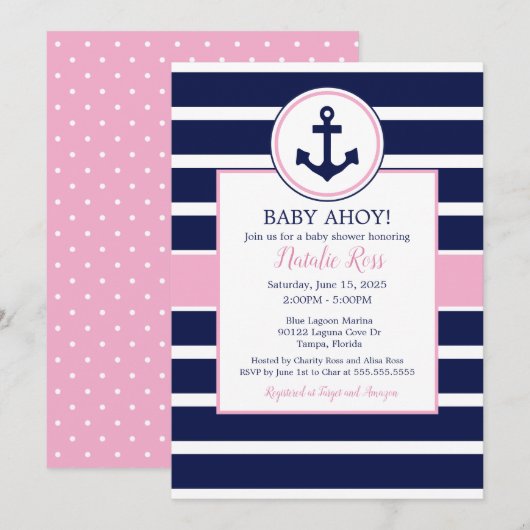 Nautical Anchor Summer Ahoy! MeisjesBaby shower Kaart (Voorkant / Achterkant)
