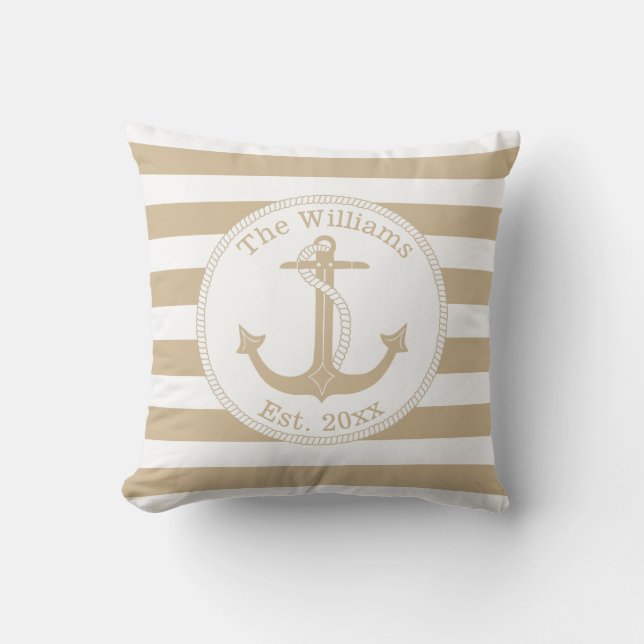 Nautical Anchor Tan White Stripes Familienaam Buitenkussen (Voorkant)