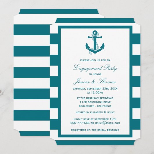 Nautical Anchor Turquoise Stripe Engagement Party Kaart (Voorkant / Achterkant)