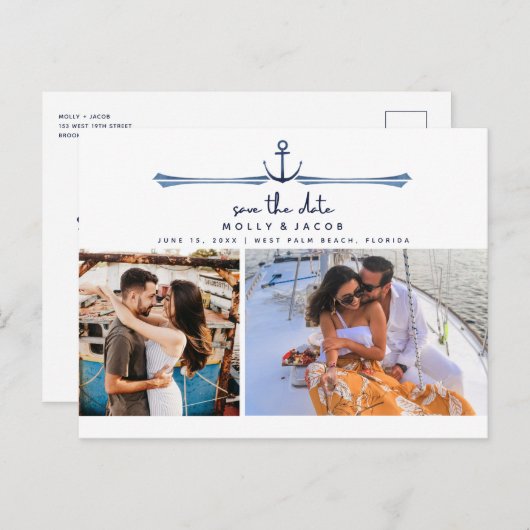 Nautical Anchor Two Photo Wedding Save the Date Aankondigingskaart (Voorkant / Achterkant)