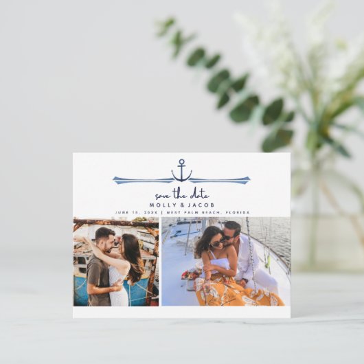 Nautical Anchor Two Photo Wedding Save the Date Aankondigingskaart (Staand voorkant)
