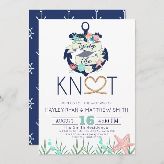 Nautical Anchor Tying the Knot Wedding Invitation Kaart (Voorkant / Achterkant)