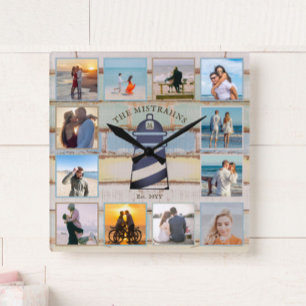 Nautical Anchor Vintage Wood 12-photo Collage Vierkante Klok