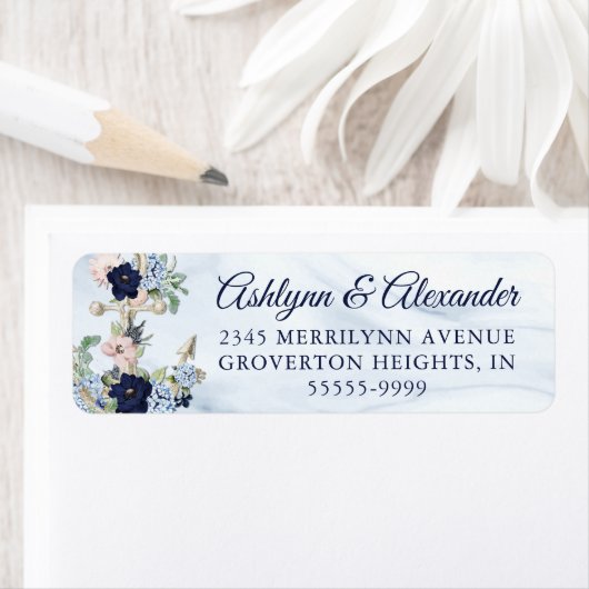 Nautical Anchor Waterverf Floral Navy Wedding Etiket (Insitu)