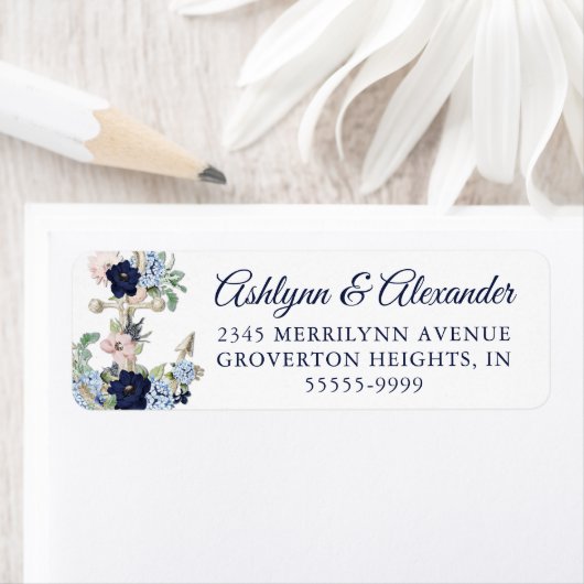 Nautical Anchor Waterverf Floral Navy Wedding Lab Etiket (Insitu)