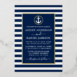 Nautical Anchor Wedding Blue Stripes Gold Folie Uitnodiging