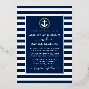 Nautical Anchor Wedding Blue Stripes Gold Folie Uitnodiging