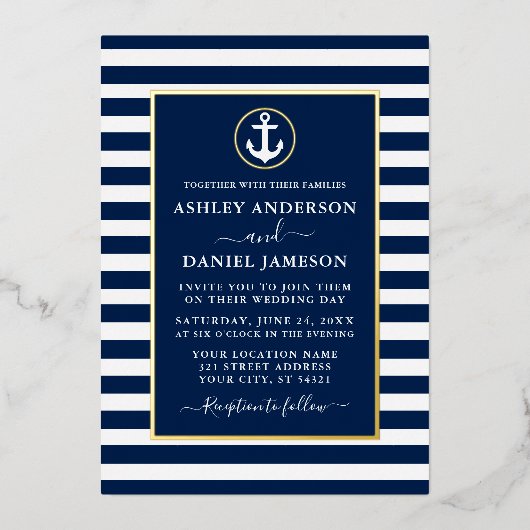 Nautical Anchor Wedding Blue Stripes Gold Folie Uitnodiging (Voorkant)