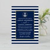 Nautical Anchor Wedding Blue Stripes Gold Folie Uitnodiging (Staand Voorkant)