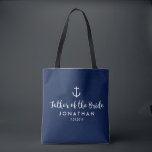 Nautical Anchor Wedding Custom Vader of the Bride Tote Bag<br><div class="desc">Verrassend de Vader van de Bride met deze gepersonaliseerde canvas tas met een nautisch ontwerp met een wit anker dat tegen een marine achtergrond wordt geplaatst. Pas aan door zijn naam en je trouwdatum toe te voegen. Een geweldige maat voor trouwbenodigdheden: extra kleding, schoenen, snacks, water, enz. De perfecte tas...</div>