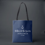 Nautical Anchor Wedding Custom Vader of the Groom Tote Bag<br><div class="desc">Verrassend de Vader van de Groom met deze gepersonaliseerde canvas tas die een nautisch ontwerp met een wit anker tegen een marine achtergrond wordt geplaatst. Pas aan door zijn naam en je trouwdatum toe te voegen. Een geweldige maat voor trouwbenodigdheden: extra kleding, schoenen, snacks, water, enz. De perfecte tas voor...</div>