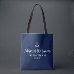 Nautical Anchor Wedding Custom Vader of the Groom Tote Bag<br><div class="desc">Verrassend de Vader van de Groom met deze gepersonaliseerde canvas tas die een nautisch ontwerp met een wit anker tegen een marine achtergrond wordt geplaatst. Pas aan door zijn naam en je trouwdatum toe te voegen. Een geweldige maat voor trouwbenodigdheden: extra kleding, schoenen, snacks, water, enz. De perfecte tas voor...</div>