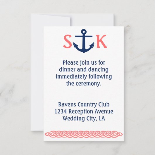 Nautical Anchor Wedding Invitation Enclosure Coral Kaart (Voorkant)