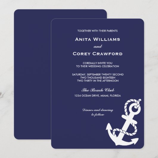 Nautical Anchor Wedding Invitation Kaart (Voorkant / Achterkant)