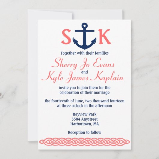 Nautical Anchor Wedding Invitation Navy and Coral Kaart (Voorkant)