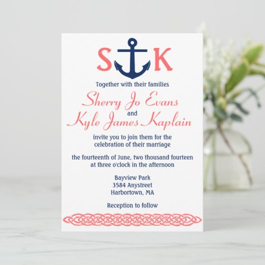 Nautical Anchor Wedding Invitation Navy and Coral Kaart (Staand voorkant)