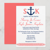 Nautical Anchor Wedding Invitation Navy and Coral Kaart (Voorkant / Achterkant)