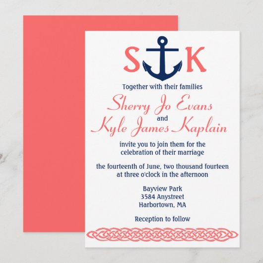 Nautical Anchor Wedding Invitation Navy and Coral Kaart (Voorkant / Achterkant)