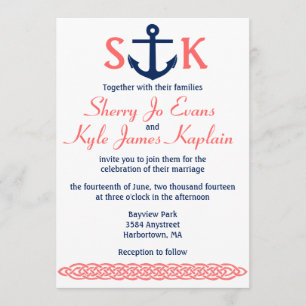 Nautical Anchor Wedding Invitation Navy and Coral Kaart