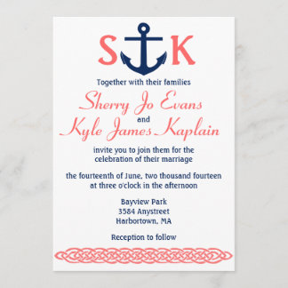Nautical Anchor Wedding Invitation Navy and Coral Kaart