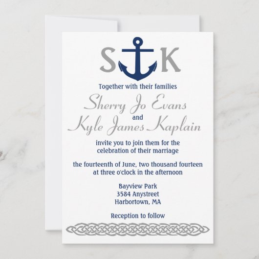 Nautical Anchor Wedding Invitation Navy and Grey Kaart (Voorkant)