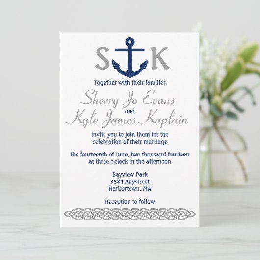 Nautical Anchor Wedding Invitation Navy and Grey Kaart (Staand voorkant)