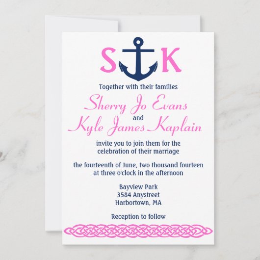 Nautical Anchor Wedding Invitation Navy and Pink Kaart (Voorkant)