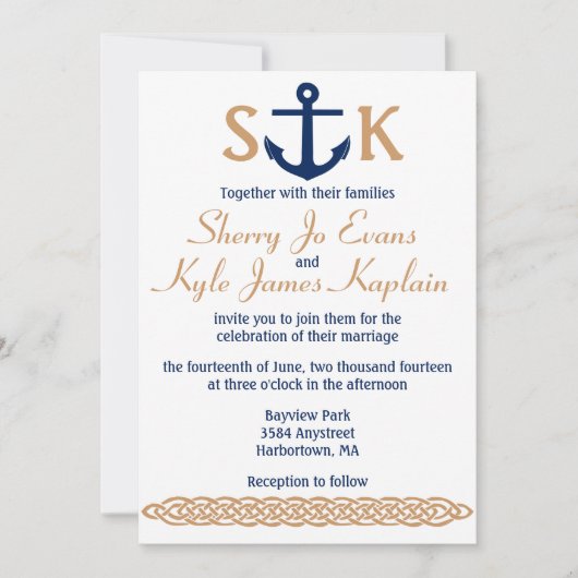 Nautical Anchor Wedding Invitation Navy and Tan Kaart (Voorkant)