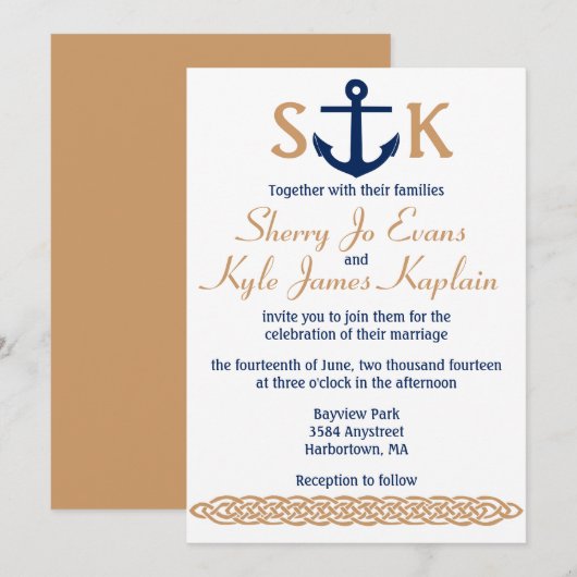Nautical Anchor Wedding Invitation Navy and Tan Kaart (Voorkant / Achterkant)