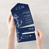 Nautical Anchor Wedding Navy Blue All In One Uitnodiging (Afscheurbaar)