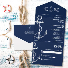 Nautical Anchor Wedding Navy Blue All In One Uitnodiging
