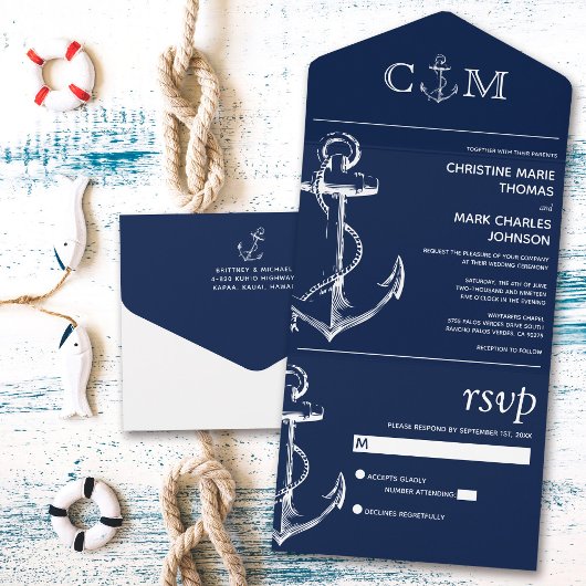 Nautical Anchor Wedding Navy Blue All In One Uitnodiging