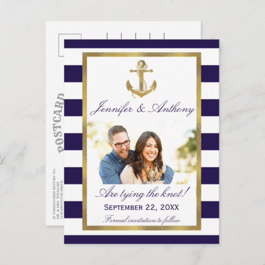 Nautical Anchor Wedding Photo Save the Date Aankondigingskaart (Voorkant / Achterkant)