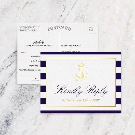 Nautical Anchor Wedding RSVP Real Folie Uitnodiging Briefkaart