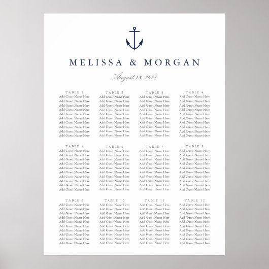 Nautical Anchor Wedding Seating Chart Poster (Voorkant)