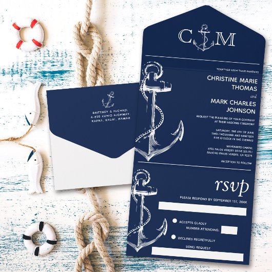 Nautical Anchor Wedding Song Request Navy Blue All In One Uitnodiging