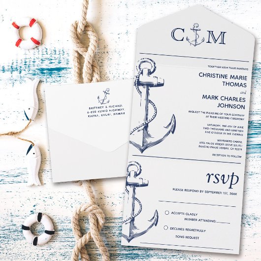 Nautical Anchor Wedding Song Request White All In One Uitnodiging