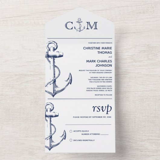 Nautical Anchor Wedding White All In One Uitnodiging (Binnen)