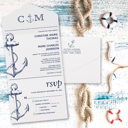 Nautical Anchor White Wedding All In One Uitnodiging