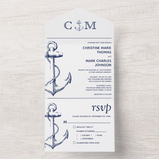 Nautical Anchor White Wedding All In One Uitnodiging (Binnen)