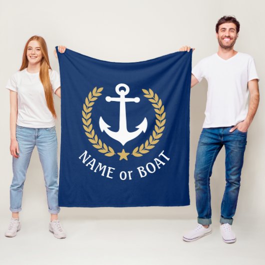Nautical Anchor Your Boat Name Gold Laurel Navy Fleece Deken (In situ)